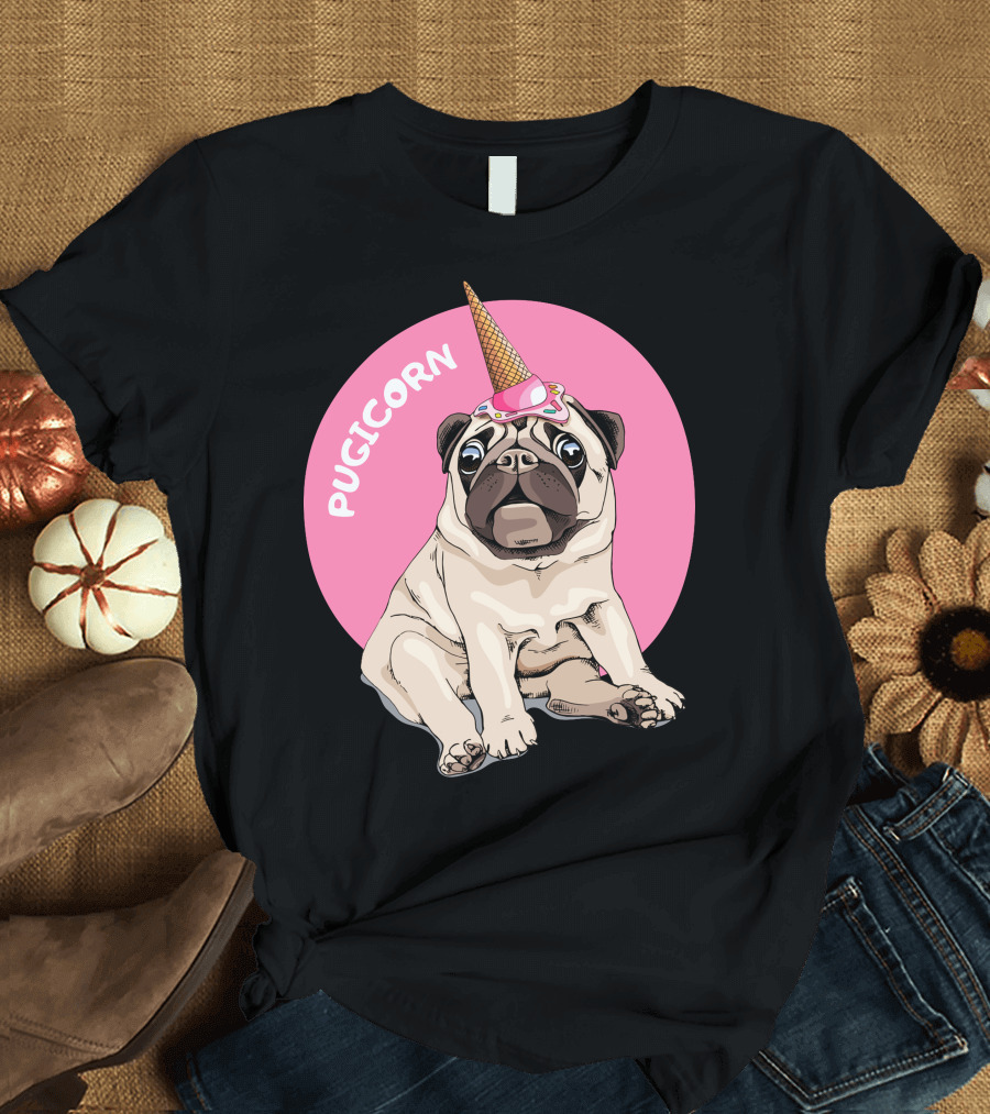 Pugicorn Ice Cream Cone Hat Sitting Pug Pink Circle T-Shirt