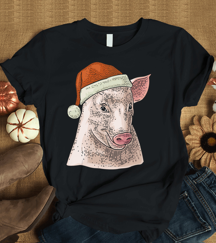 Pig in Santa Claus Cap Christmas T-Shirt