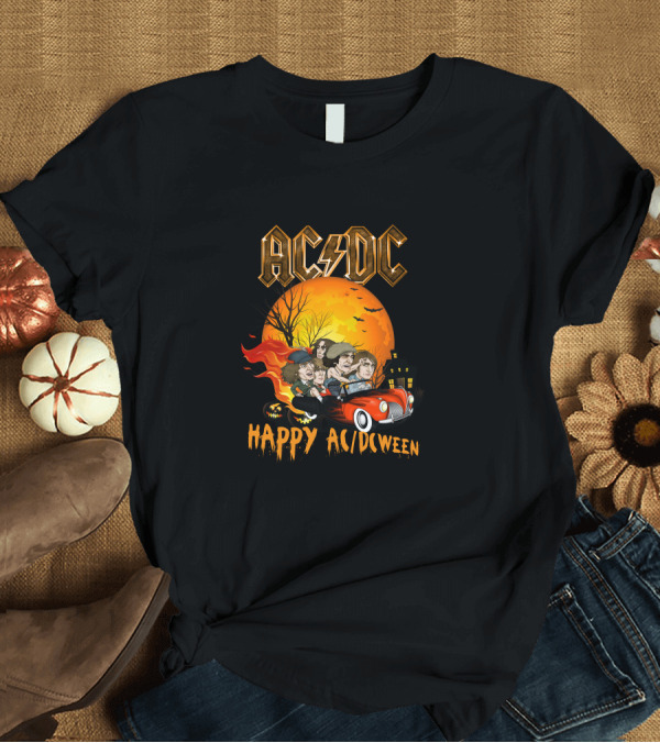 T-Shirt: AC/DC Happy AC/DCween Halloween Theme Car and Moon Scene T-Shirt AC/DC Happy AC/DCween Halloween Theme Car and Moon Scene T-Shirt