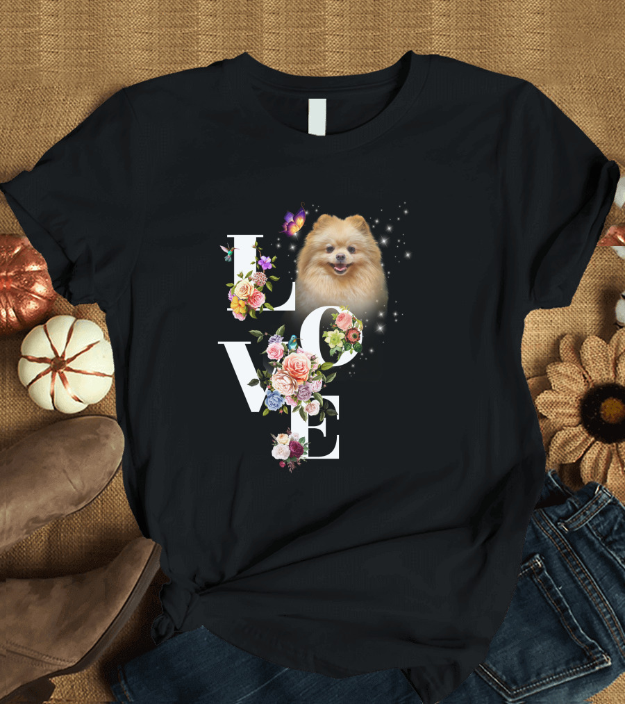 LOVE Pomeranian with Flowers and Butterfly T-Shirt