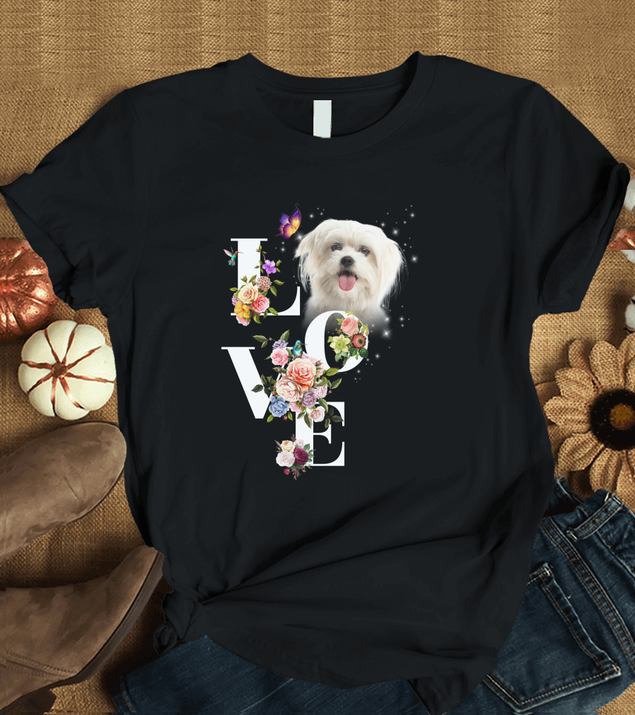 LOVE Maltese Dog Floral Butterfly T-Shirt