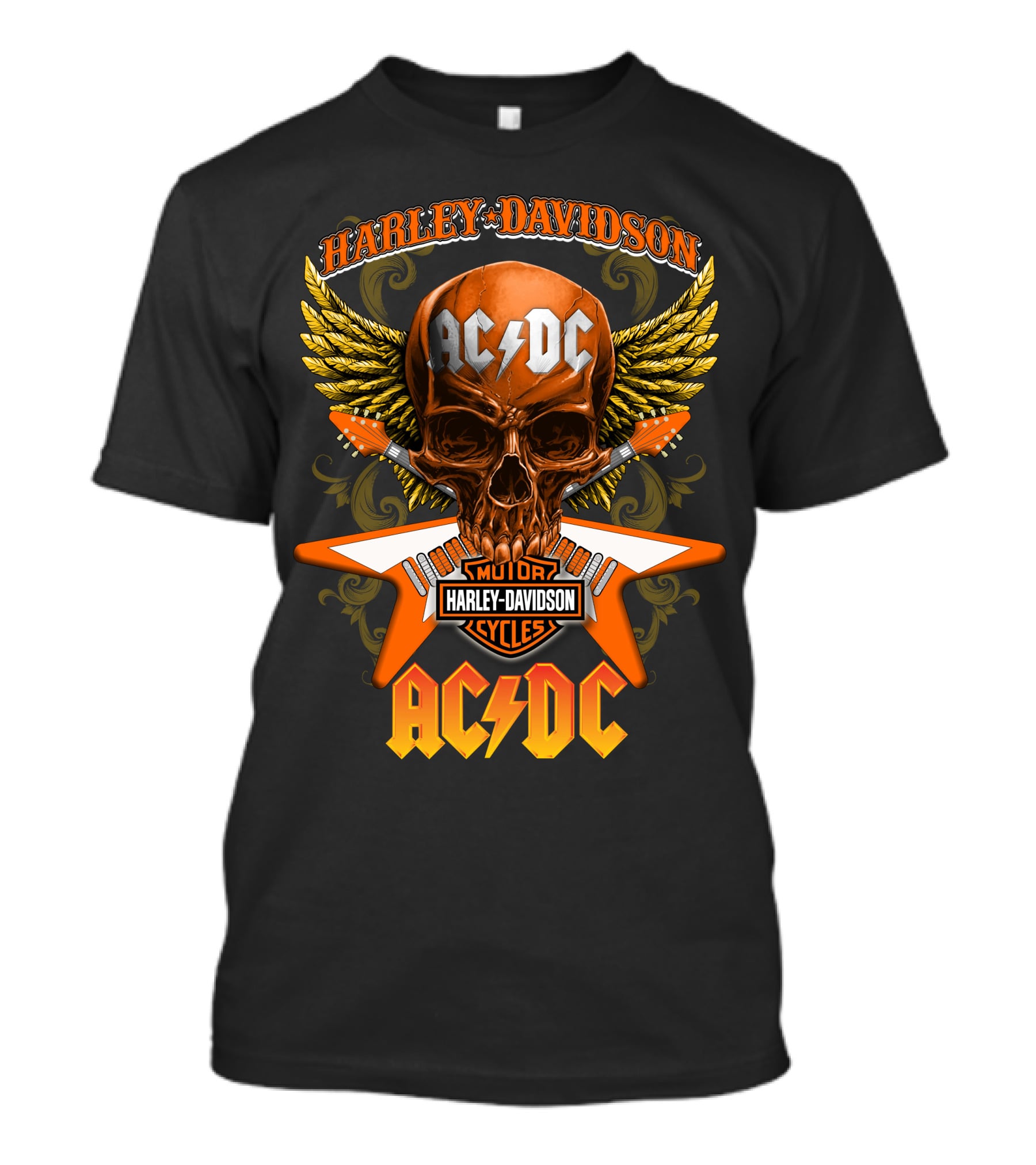 Harley Davidson Ac/Dc Motor Cycles Skull Wings T-Shirt