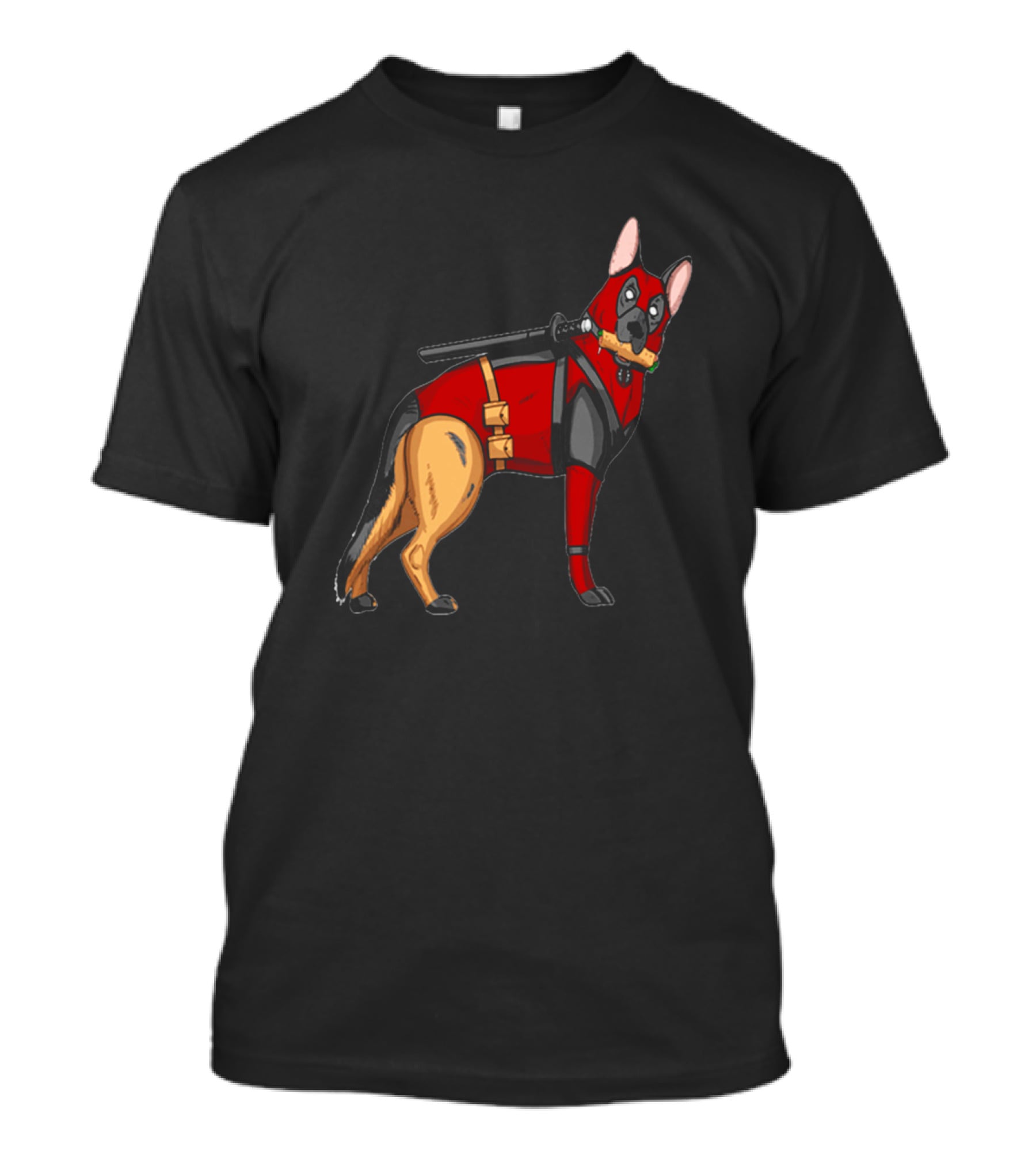 German Shepherd In Deadpool Costume With Sword And Bone T-Shirt