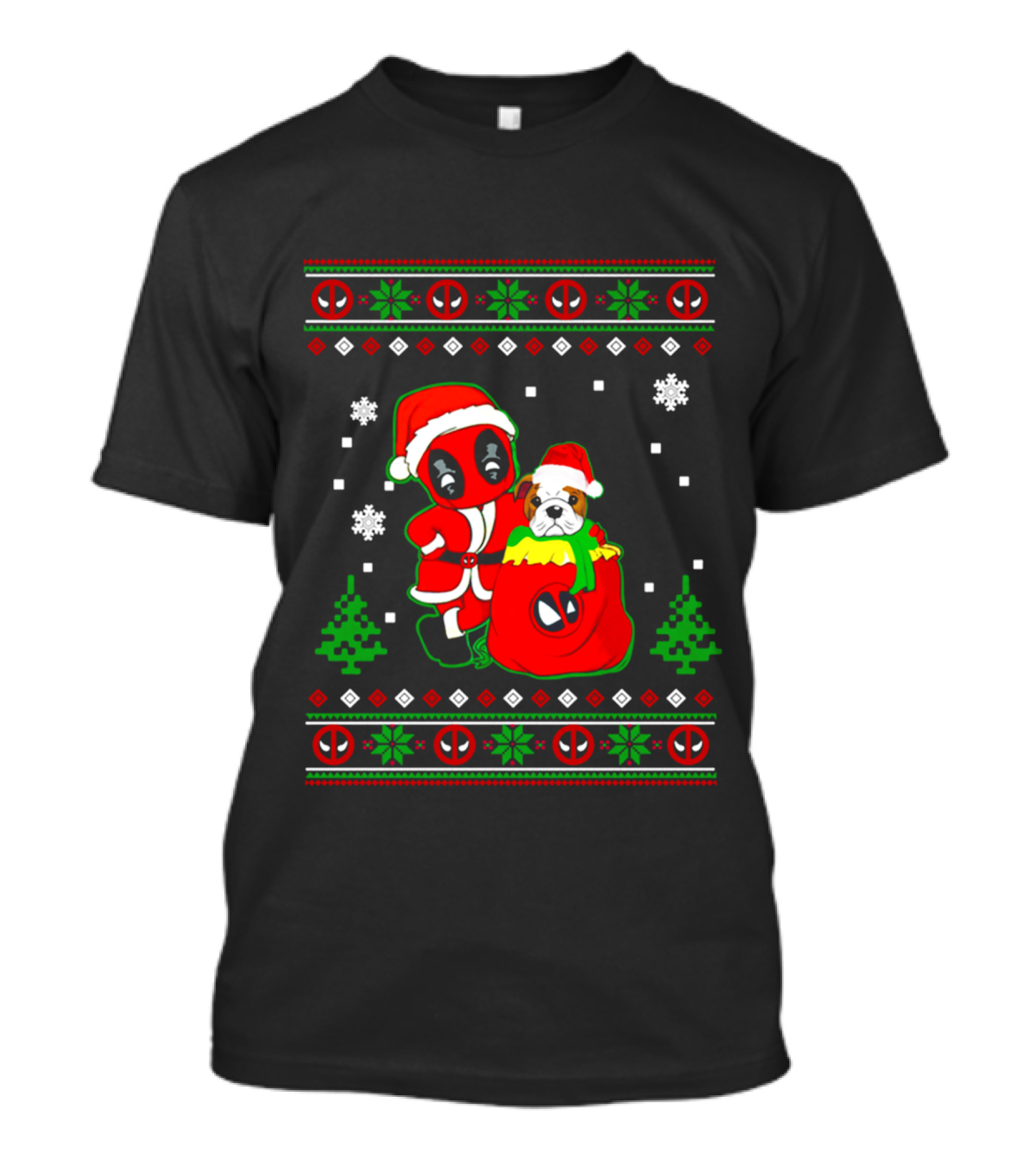 Deadpool Bulldog Christmas Santa Ugly Sweater Snowflakes Trees T-Shirt