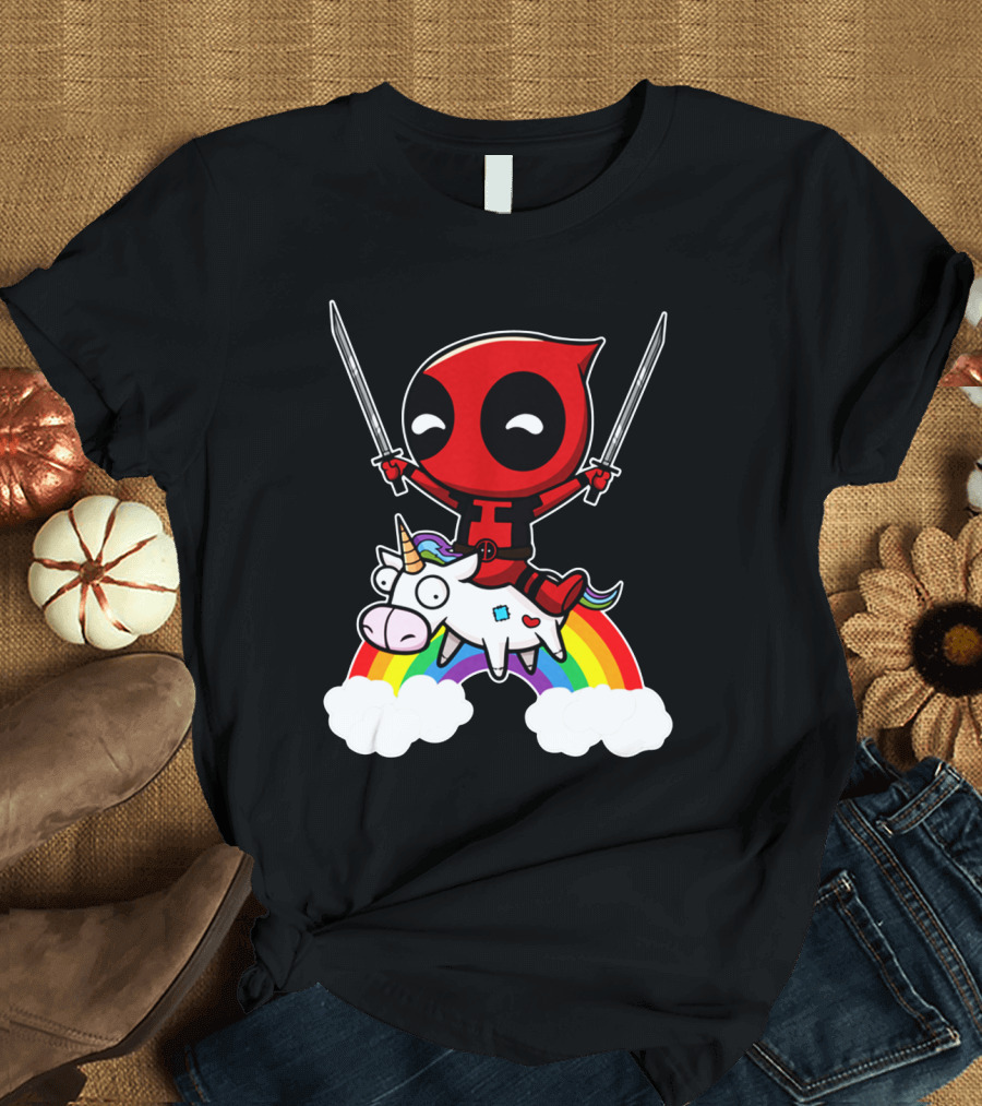 Deadpool Riding Unicorn Over Rainbow with Dual Swords T-Shirt