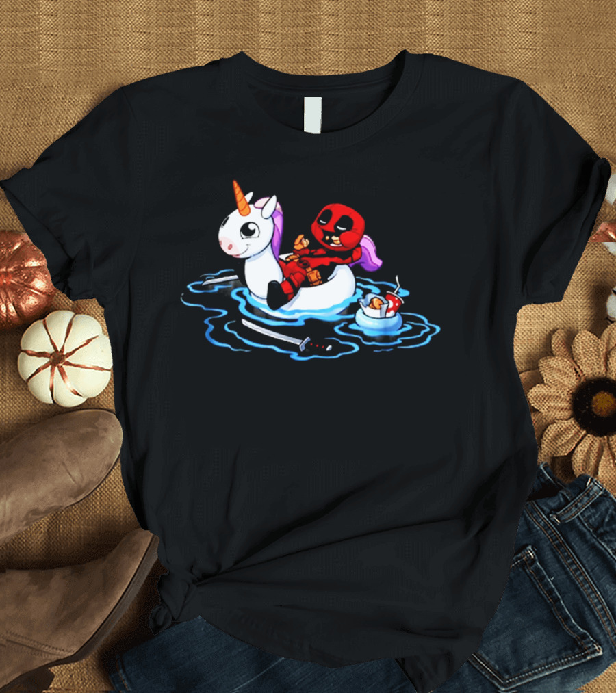 Deadpool Relaxing on Inflatable Unicorn with Rubber Duck and Swords T-Shirt