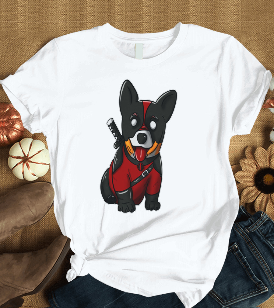 CORGIPOOL CORGI DEADPOOL MERCHANDISE RED BLACK COSTUME SWORD DOG ICONIC CHARACTER IMAGE T-Shirt