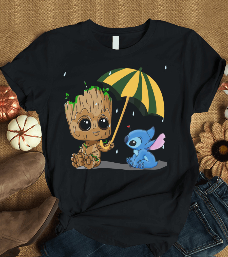 Groot and Little Stitch Friendship Under Umbrella with Raindrops and Heart T-Shirt
