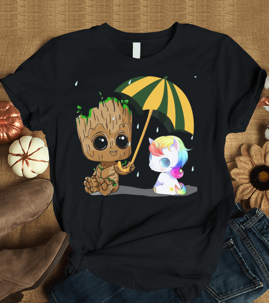 Groot Holding Umbrella Sitting with Cute Rainbow Unicorn T-Shirt