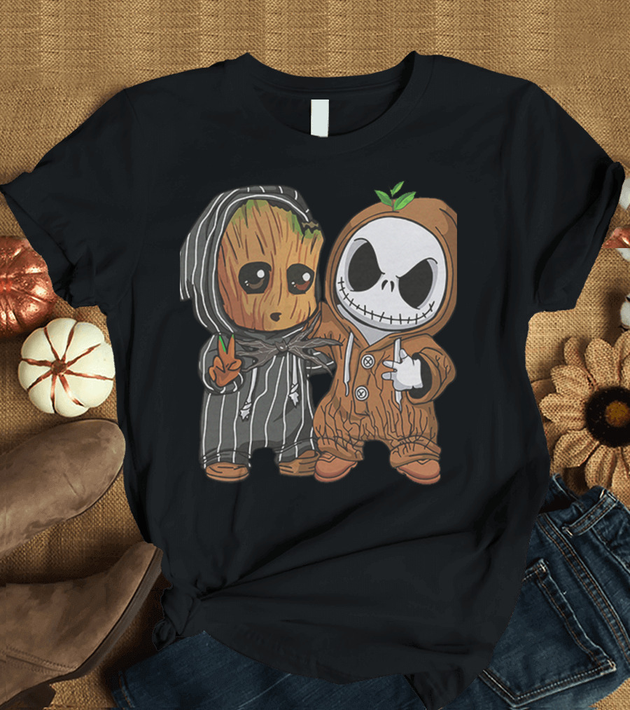 Groot in Striped Hoodie and Jack Skellington in Wood-Patterned Suit T-Shirt