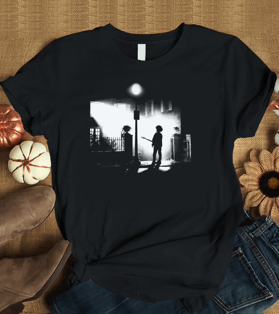 Curexorcist Gothic Silhouette Under Streetlight with Guitar in Black and White Urban Scene T-Shirt