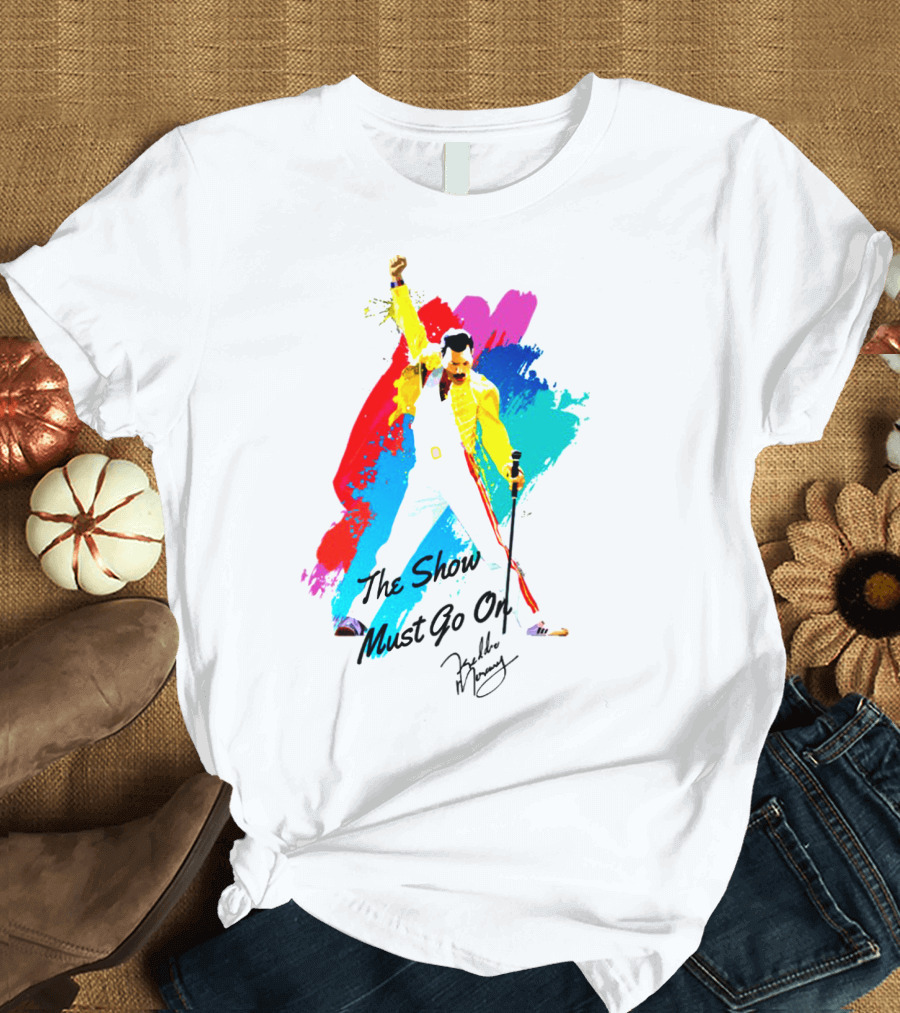 Queen The Show Must Go On Signature Artwork Colorful Freddie Mercury Image T-Shirt