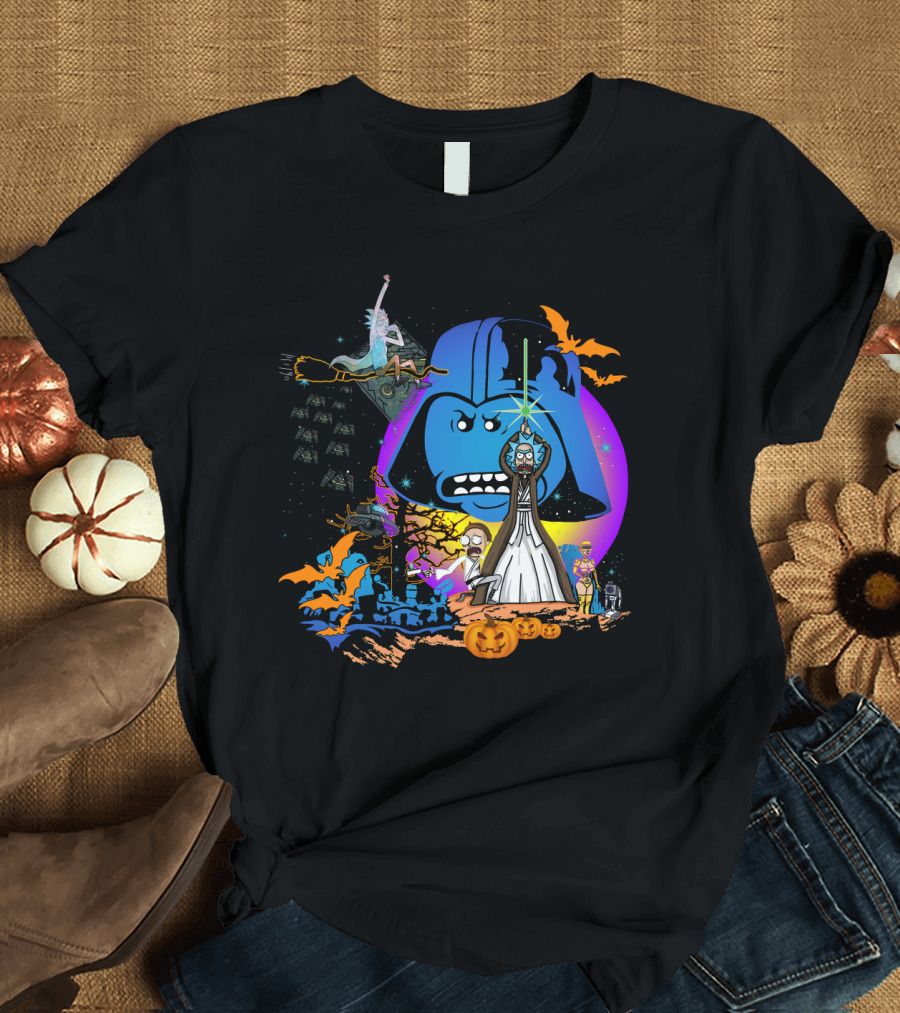 RICK MORTY Star Wars Darth Vader Halloween Crossover with Lightsabers and Pumpkins T-Shirt