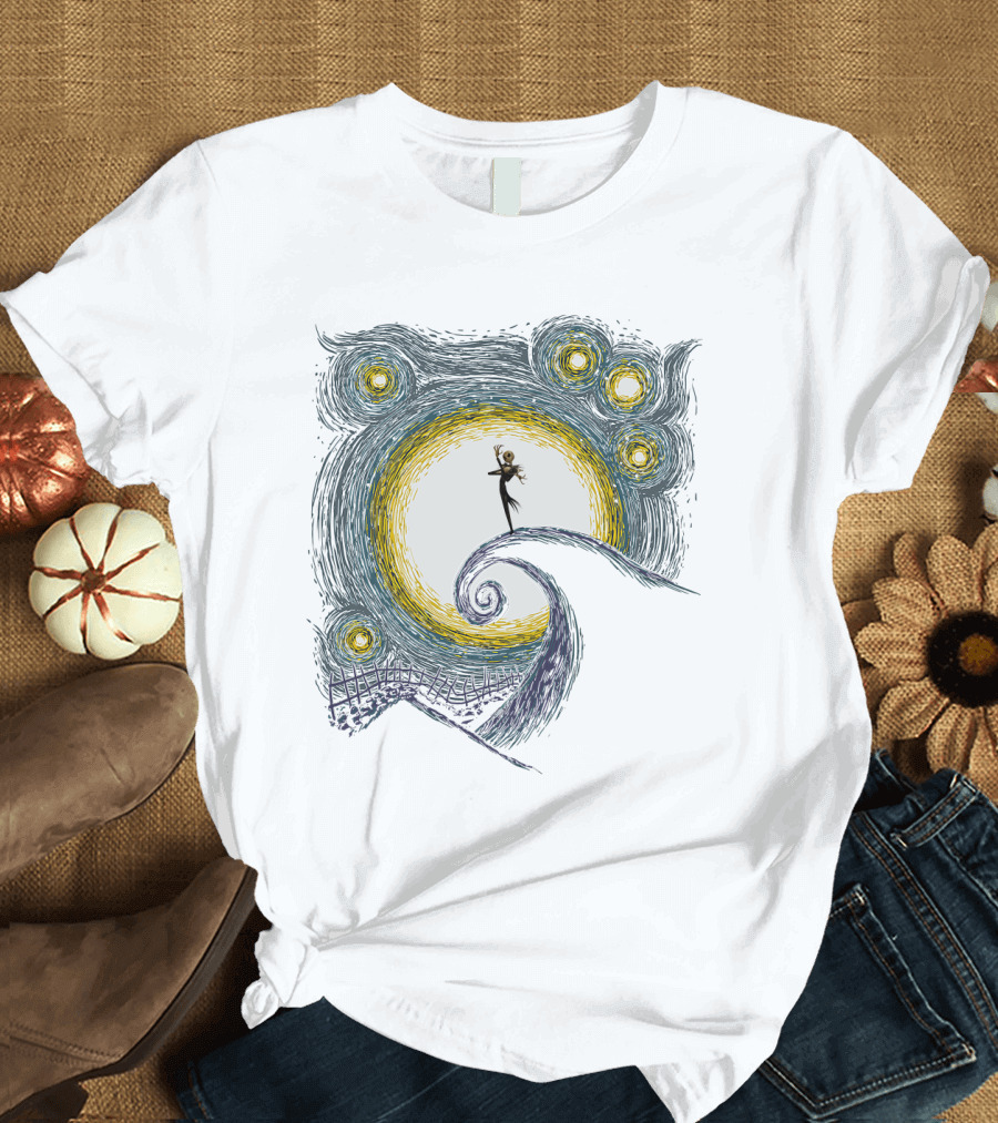 Jack Skellington on Curled Hill with Starry Night Inspired Background T-Shirt