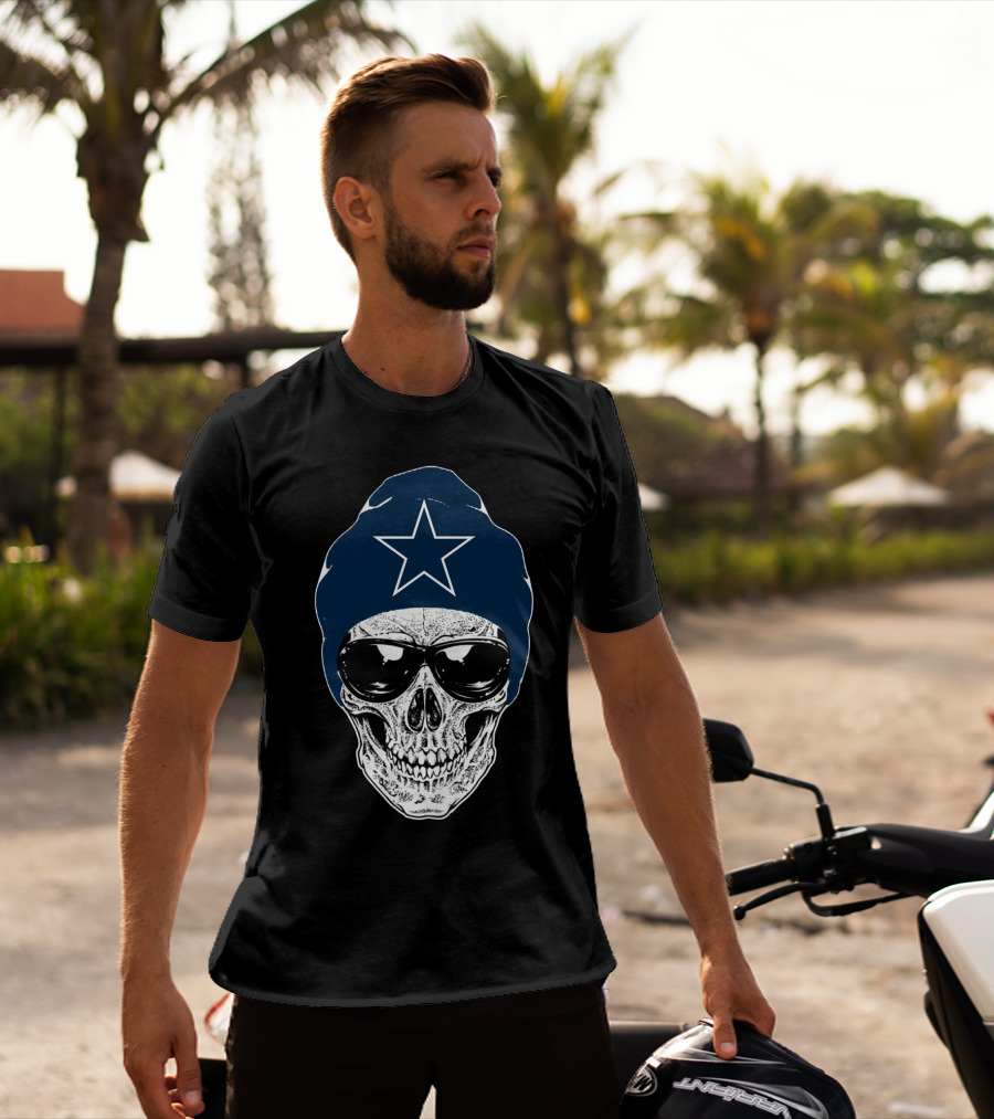 Dallas Cowboys Skull With Star Beanie And Sunglasses T-Shirt