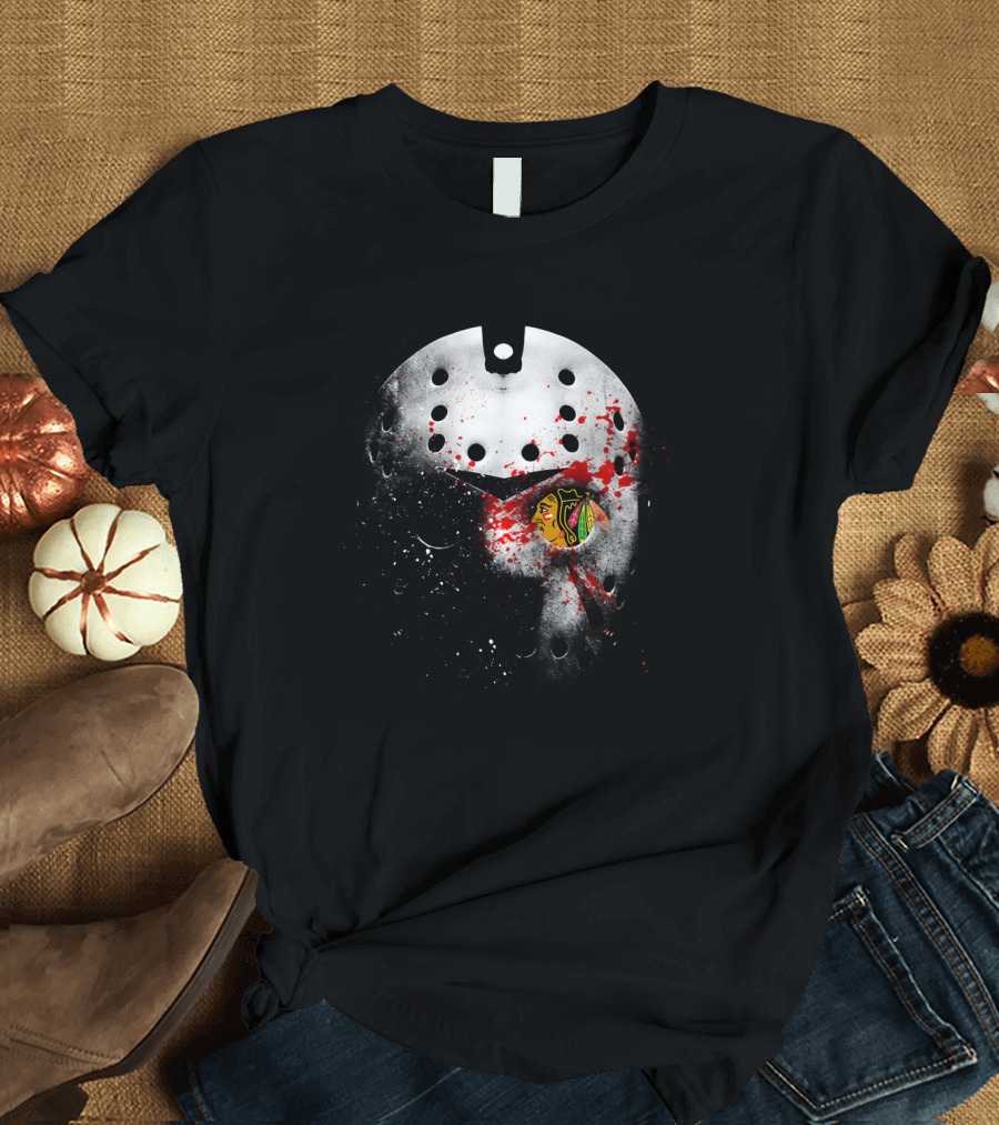 Chicago Blackhawks Jason Mask Blood Splatter Nhl Horror Crossover T-Shirt