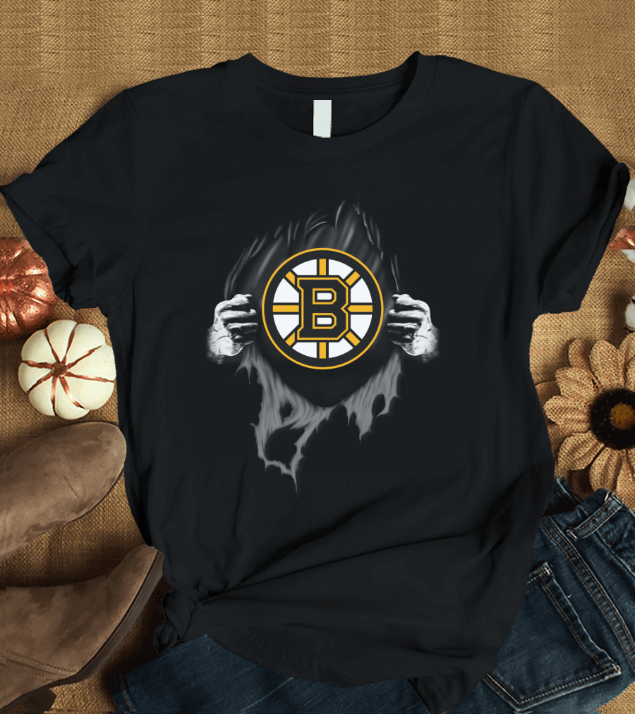 Boston Bruins Hockey Team Logo Peeking Through Torn Fabric T-Shirt
