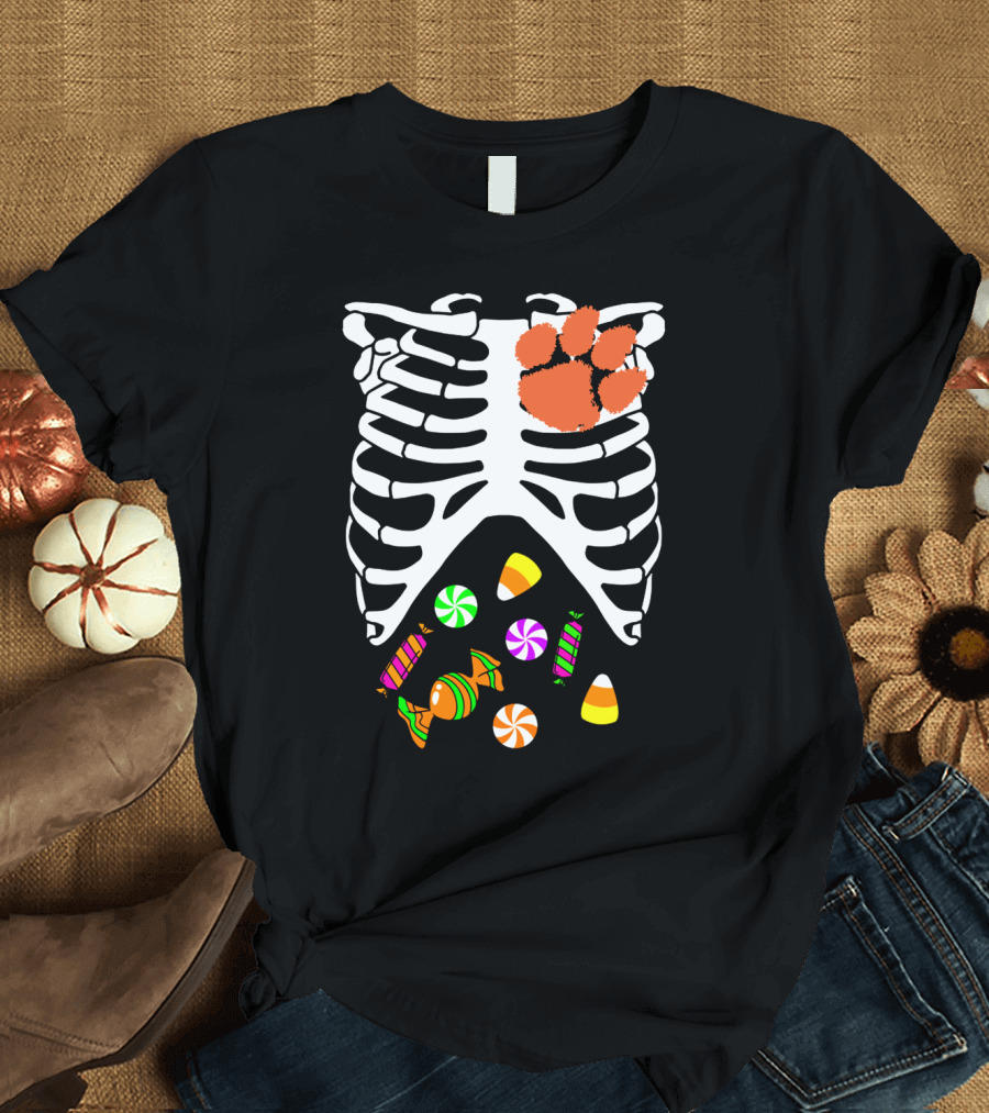 Clemson Tigers Halloween Candy Skeleton Paw Print T-Shirt