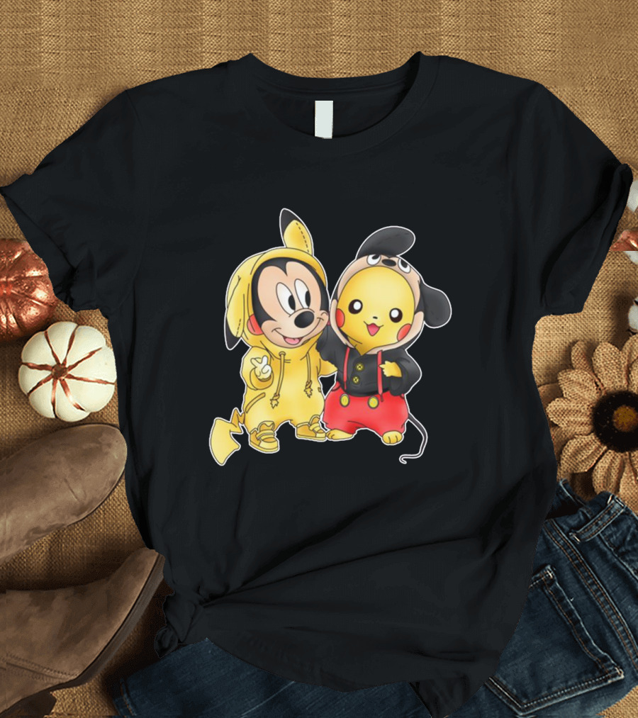 Mickey Pikachu Crossover Characters in Hoodie Costumes T-Shirt