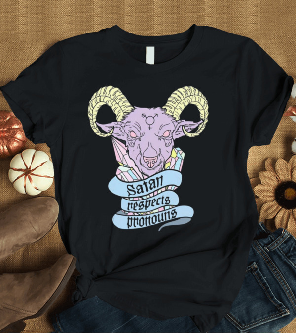 T-Shirt: Satan Respects Pronouns Pastel Goat Head with Horns and Gender Symbols T-Shirt Satan Respects Pronouns Pastel Goat Head with Horns and Gender Symbols T-Shirt