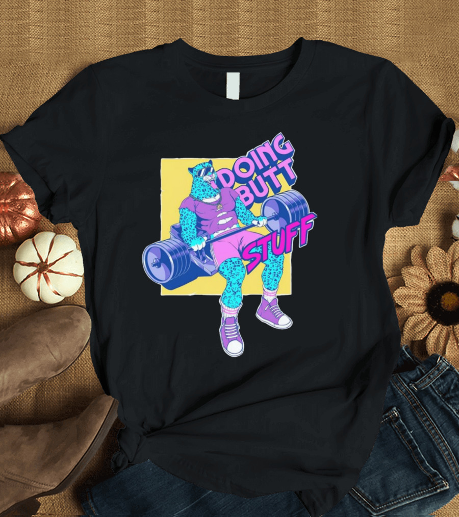 Doing Butt Stuff Leopard Lifting Weights T-Shirt