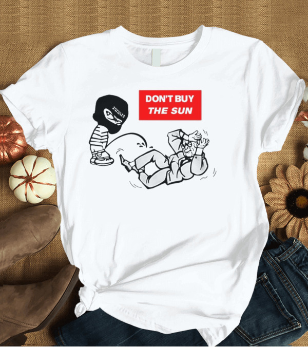 T-Shirt: Don't Buy The Sun Graphic with Cartoon Character and Masked Figure Mocking Gesture T-Shirt Don't Buy The Sun Graphic with Cartoon Character and Masked Figure Mocking Gesture T-Shirt