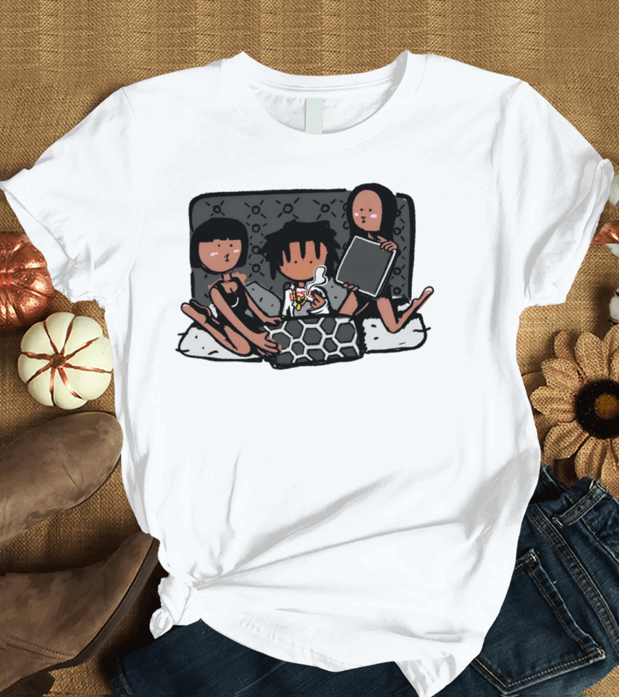 Kodone Playboi Carti Self Titled Cartoon Character with Two Figures in Black Outlines and Geometric T-Shirt