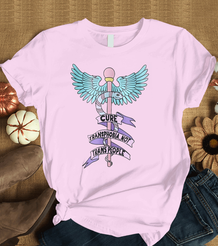 Abprallen Cure Transphobia Not Trans People Winged Caduceus with Pastel Colors T-Shirt