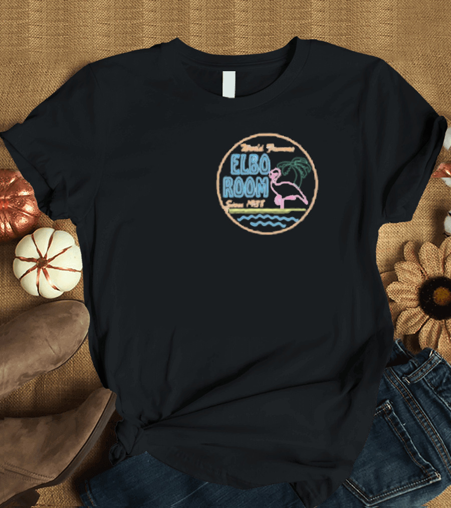 World Famous Elbo Room Since 1938 Neon Flamingo And Palm Tree T-Shirt