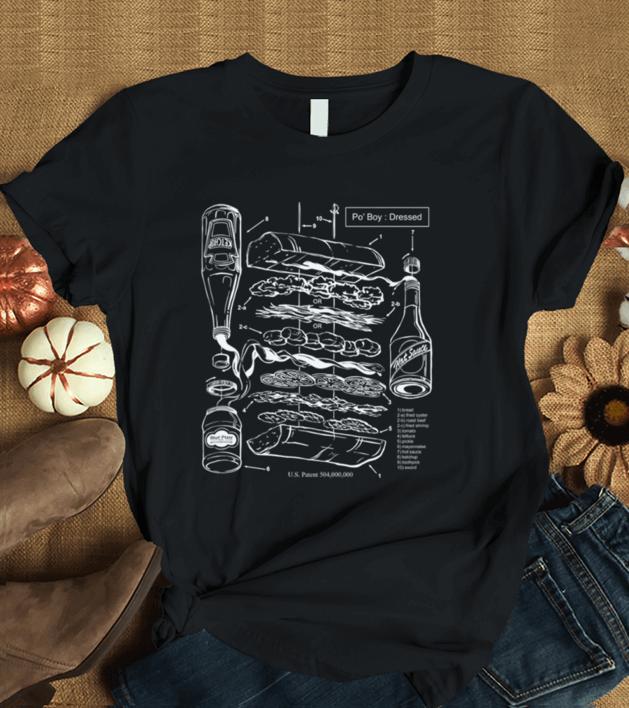 Po-Boy Dressed Blueprint with Hot Sauce and Ingredients Patent Diagram T-Shirt
