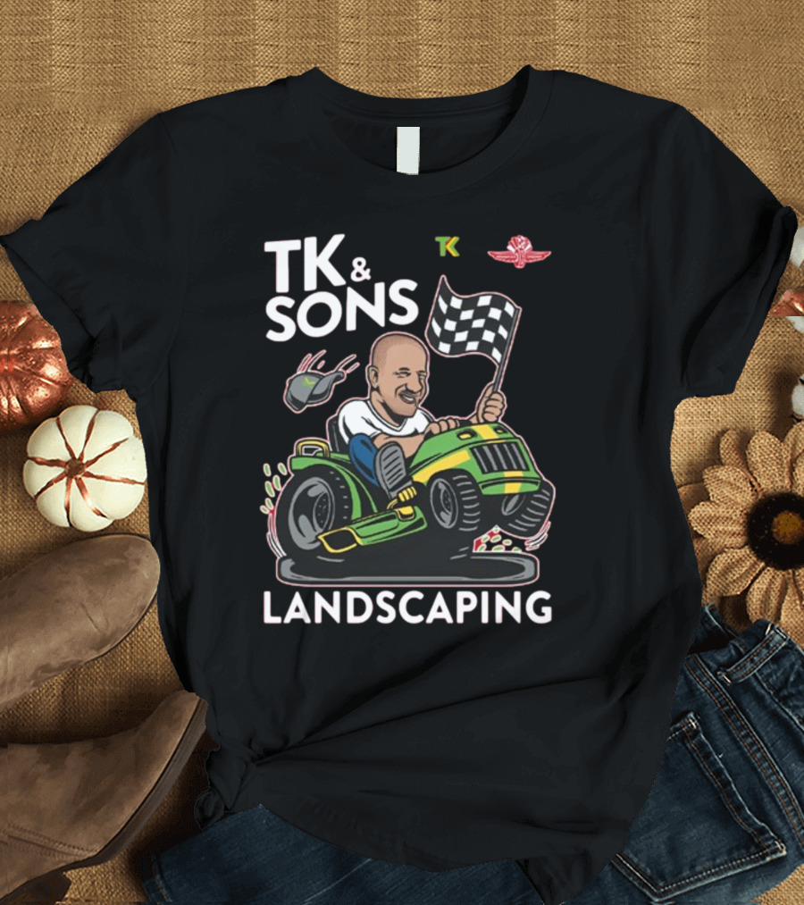 TK and Sons Landscaping Racing Lawn Mower Checkered Flag Victory T-Shirt