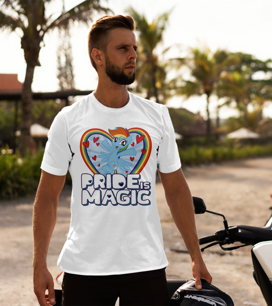 Pride Is Magic Rainbow Heart Flying Pony With Stars And Hearts T-Shirt