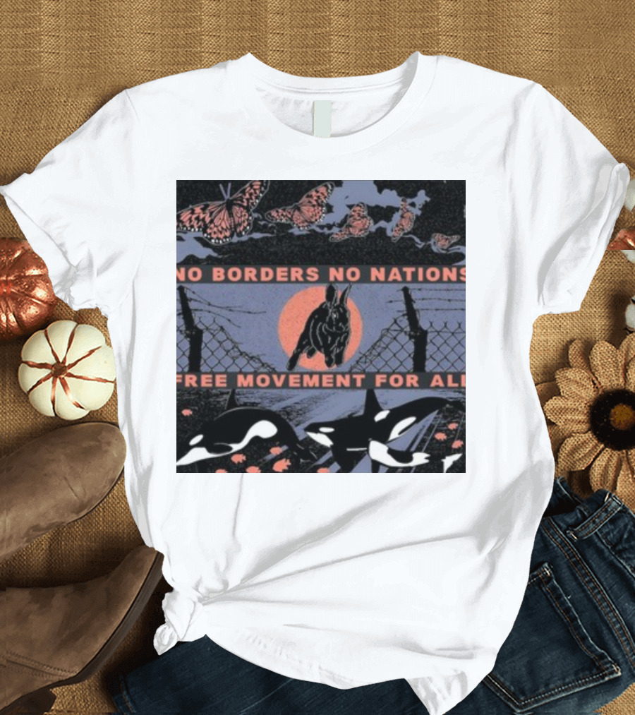 No Borders No Nations Free Movement For All Butterflies Rabbit Orcas Fence Orange Background T-Shirt