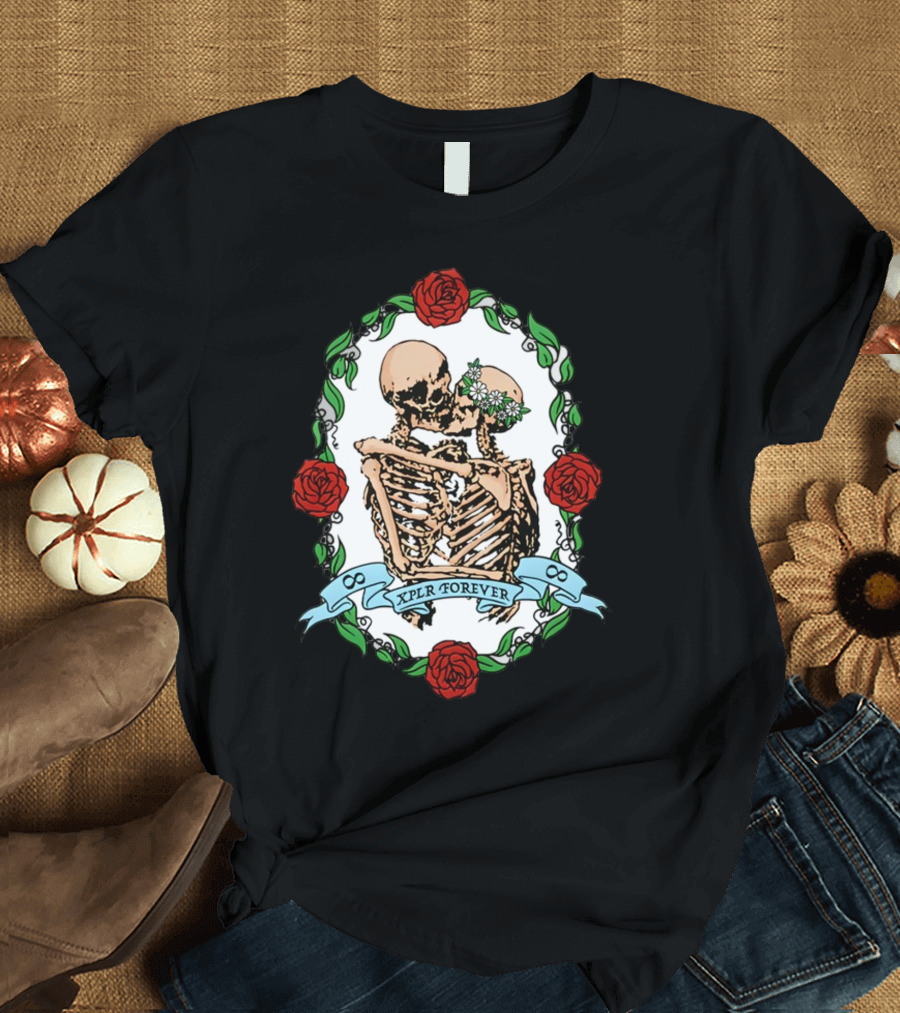Xplr Forever Skeletons Embrace with Roses and Floral Wreath T-Shirt