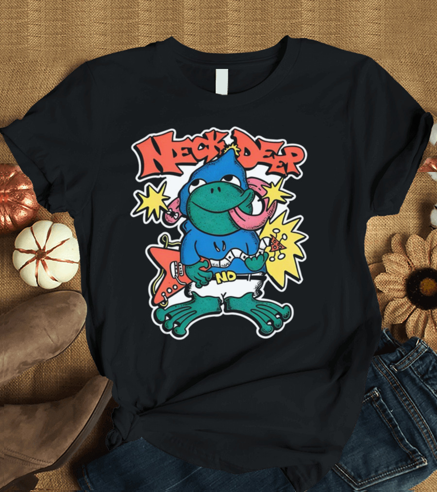 Neck Deep Frog Cartoon Character Holding Red Electric Guitar with Stars and No Belt T-Shirt