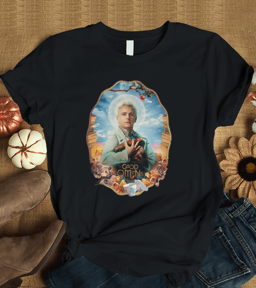 Good Omens Aziraphale Holding Books and Broken Tea Cup with Halo and Clouds T-Shirt