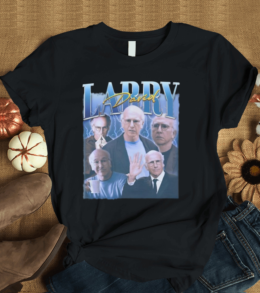 Larry David Multi-Expression Collage with Blue Lightning Background T-Shirt