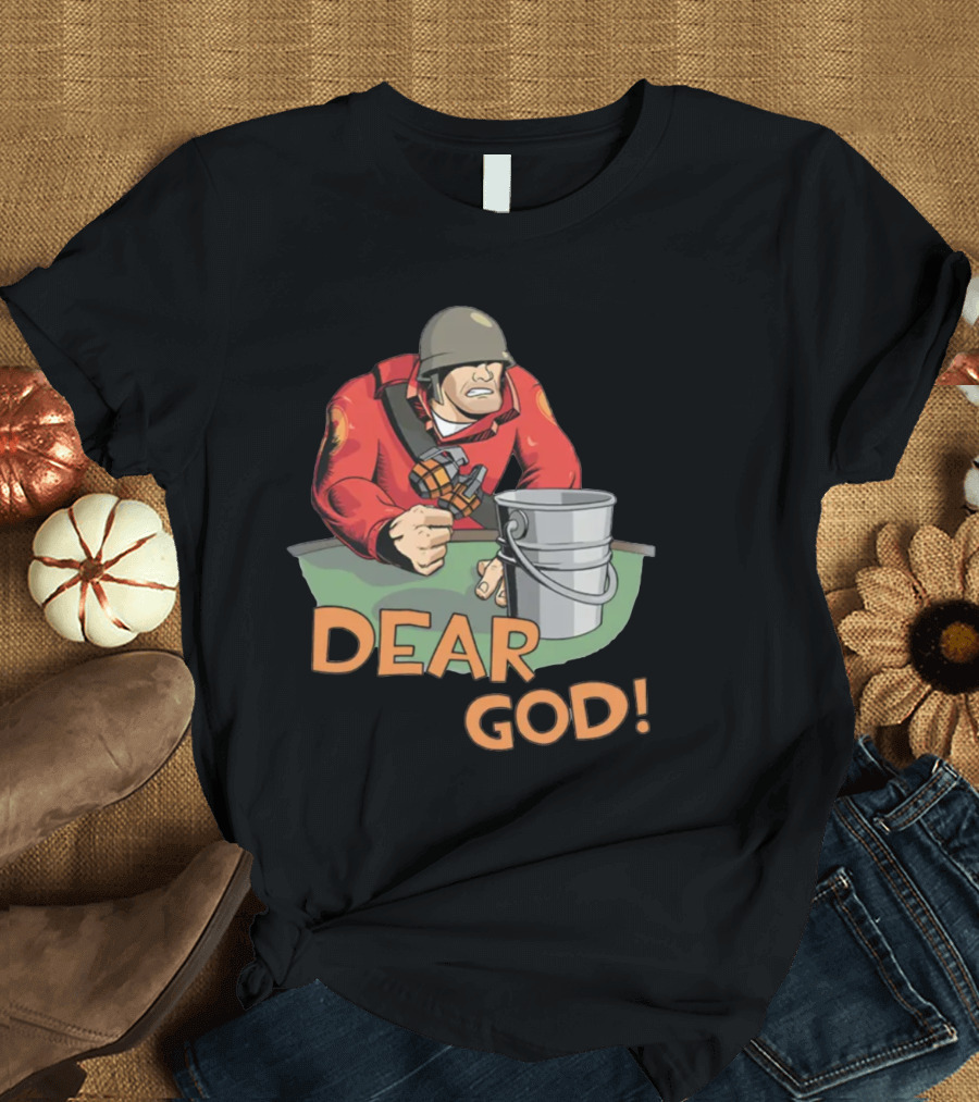 Team Fortress 2 Soldier Red Outfit with Grenade and Bucket Dear God T-Shirt