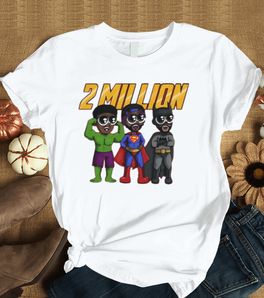 2 Million Superhero Celebration with Hulk Superman and Batman Characters T-Shirt