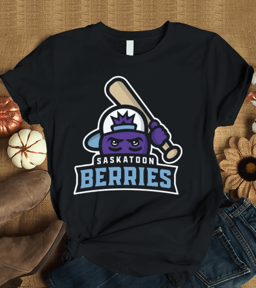 Saskatoon Berries Baseball Mascot with Crown and Bat T-Shirt