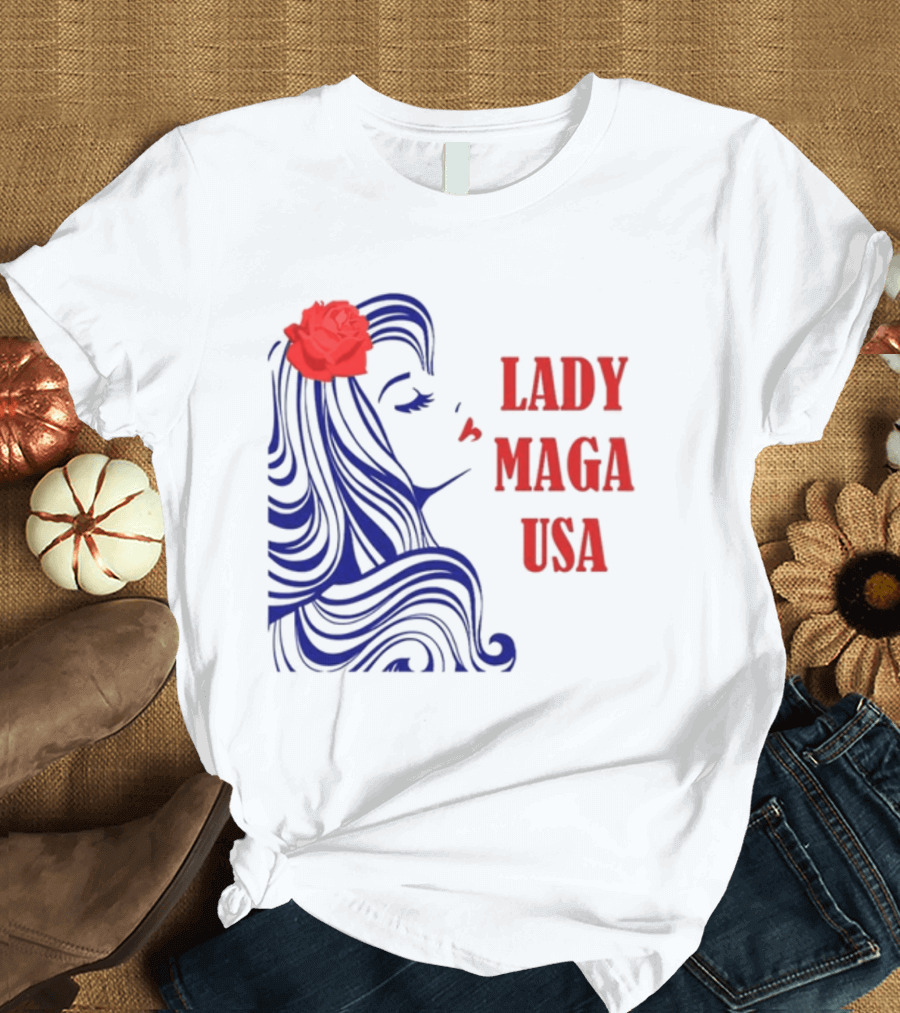 Lady Maga USA Bold Red and Blue Portrait with Rose T-Shirt