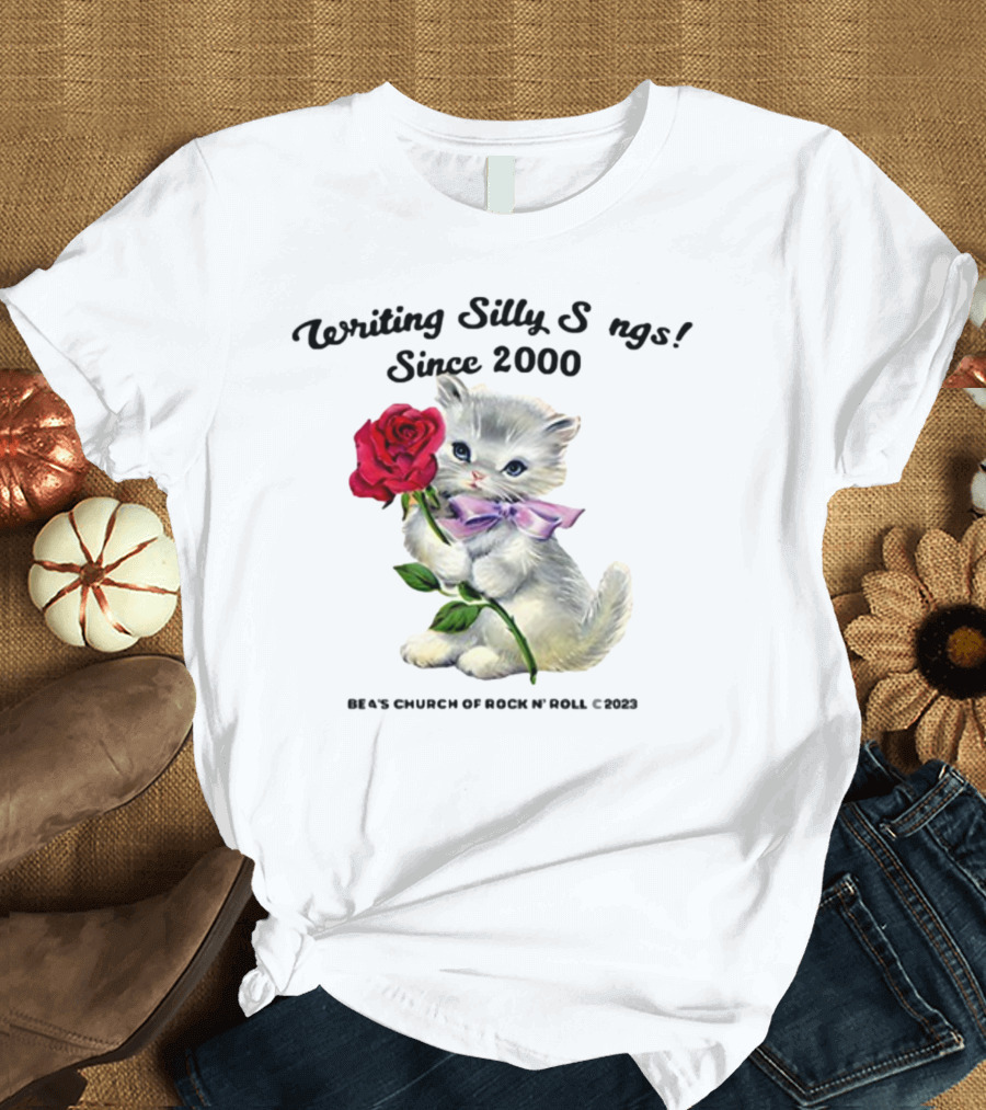 Writing Silly Songs Since 2000 Cute Kitten with Red Rose and Pink Bow T-Shirt