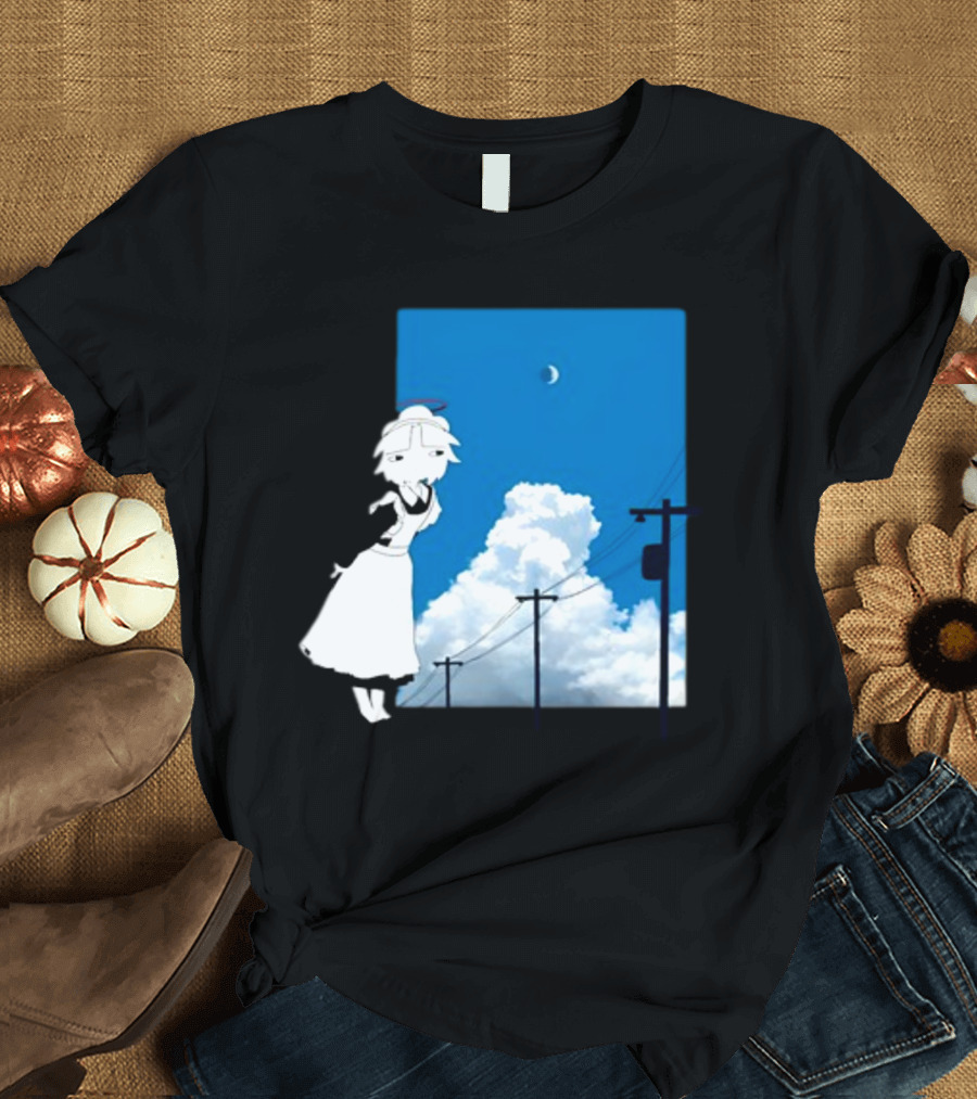 Electric Maid Under Cloudy Sky and Moon with Power Lines T-Shirt