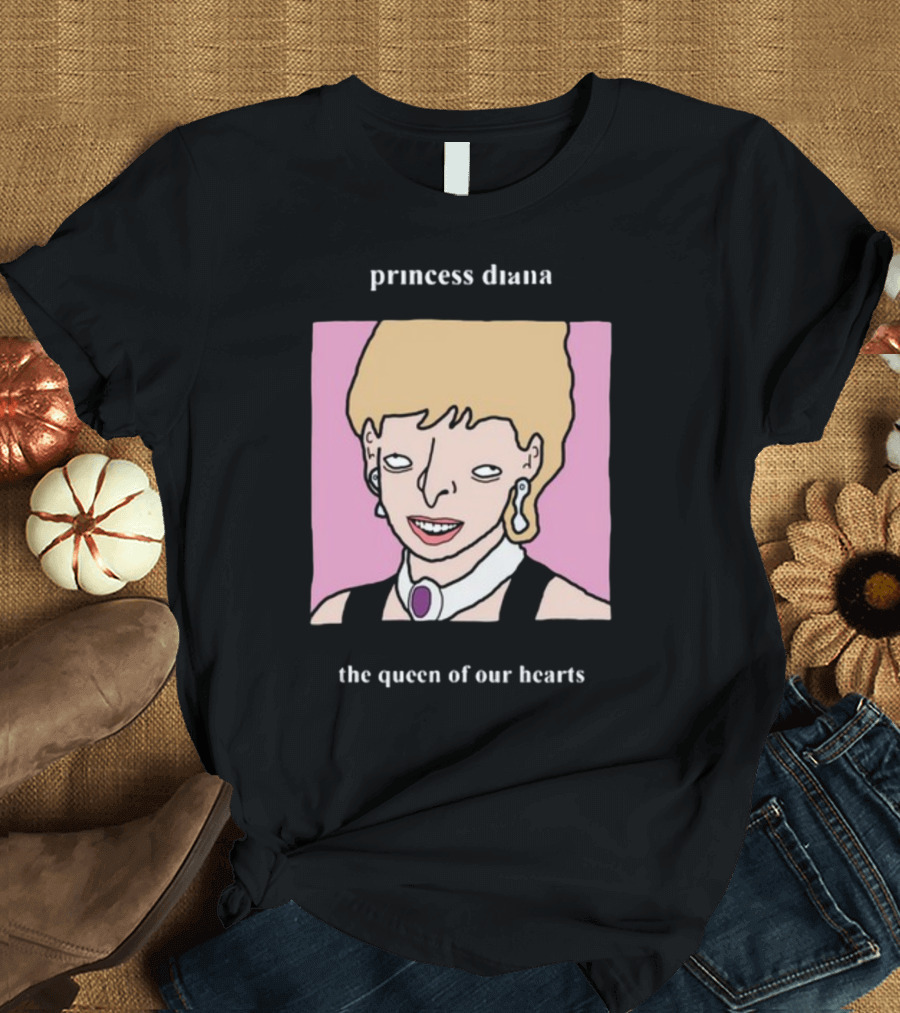 Princess Diana The Queen Of Our Hearts Cartoon Portrait on Pink Background T-Shirt