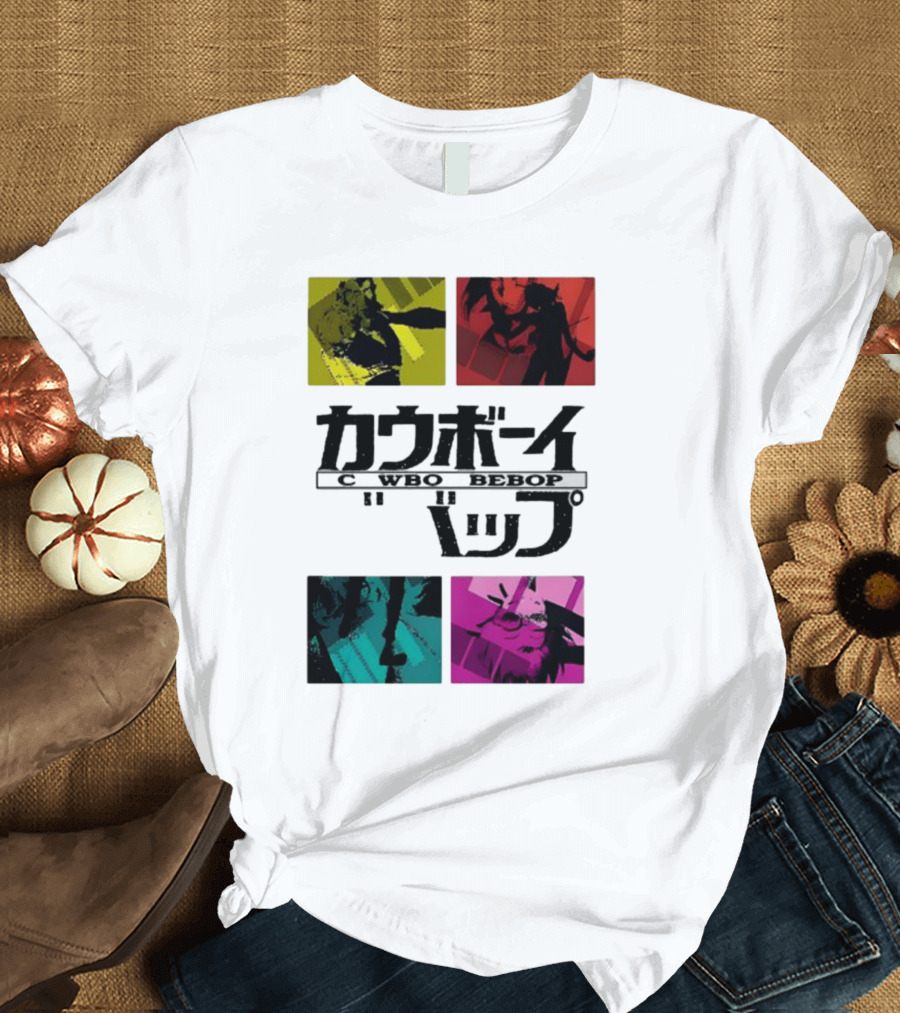 Superanimestore Cowboy Bebop Augmented Reality Japanese Text and Four Color Panels T-Shirt