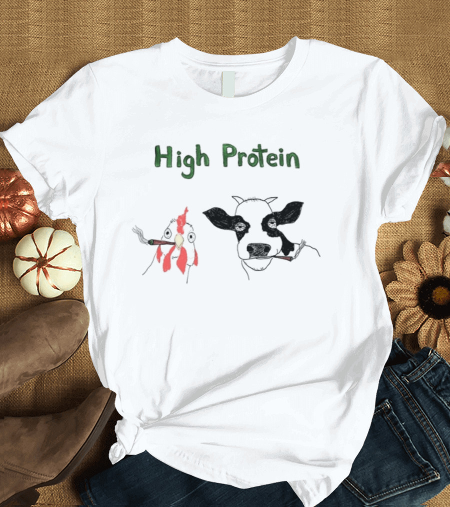 High Protein Chicken And Dairy Cow Smoking Cartoon T-Shirt