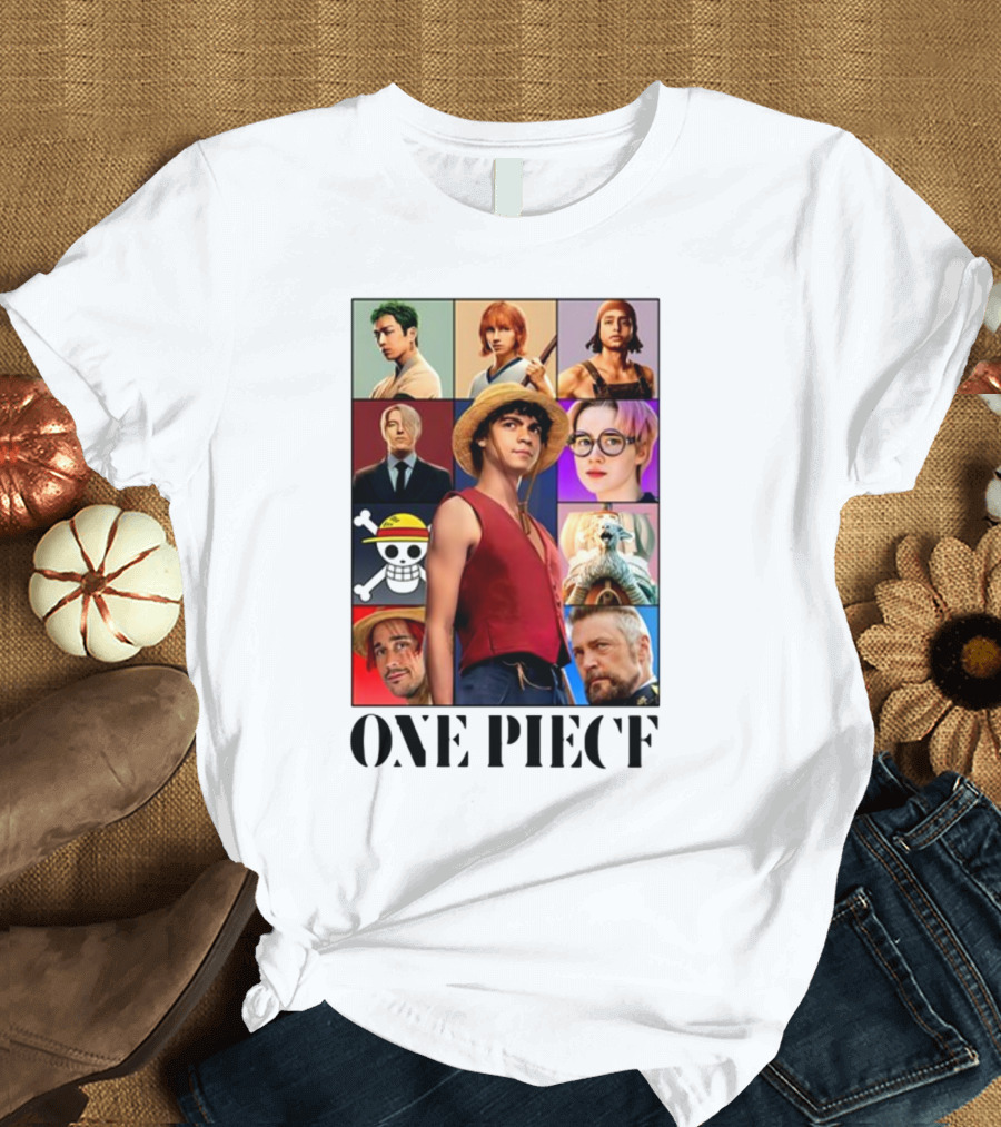 One Piece Characters Collage with Skull and Straw Hat T-Shirt