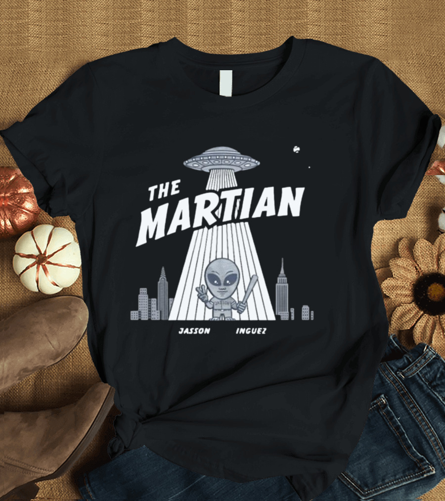 Jasson Dominguez The Martian Alien with Bat and UFO in Cityscape T-Shirt
