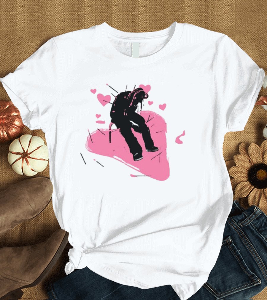 Drokenji Hearts White Pink Heart Black T-Shirt