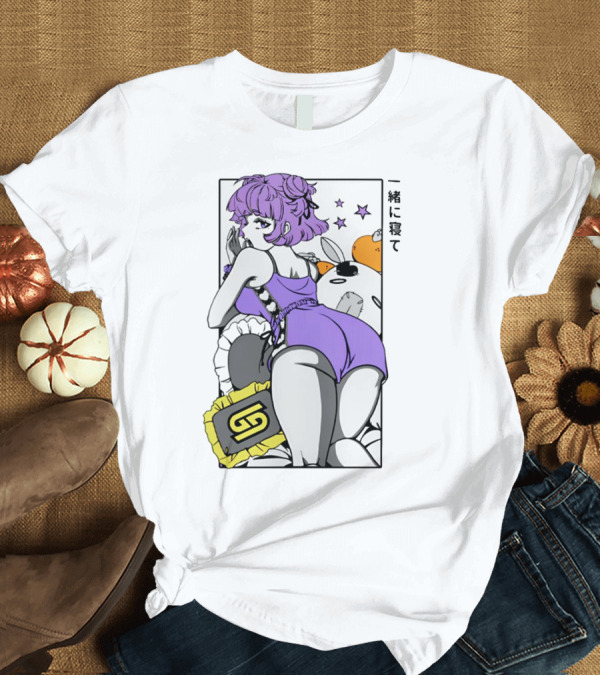T-Shirt: Waifu S5.1 Pillow Talk Purple Hair Anime Girl with Cute Plushies and Stars T-Shirt Waifu S5.1 Pillow Talk Purple Hair Anime Girl with Cute Plushies and Stars T-Shirt